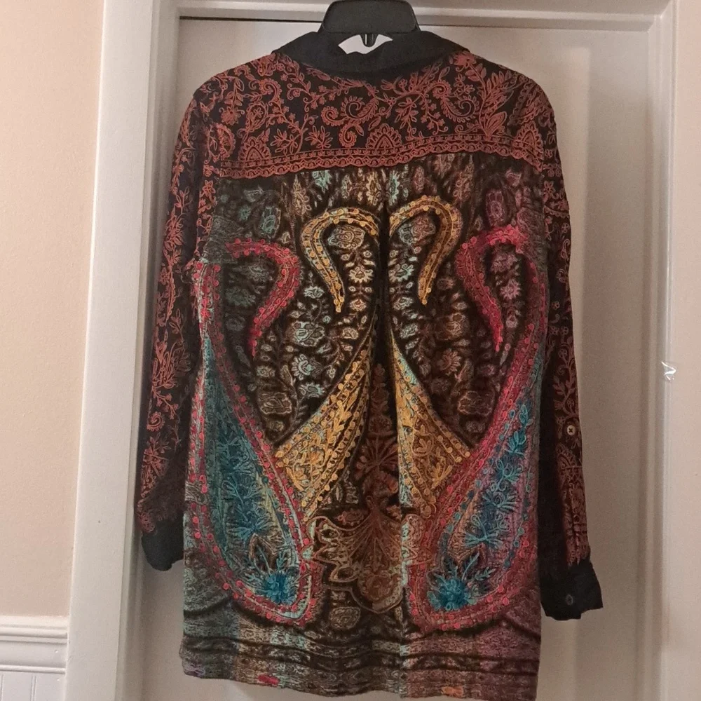 John Mark Black & Multi Color W/ Embroidered Detail Slit Side Schaket SzL EUC - Picture 6 of 11